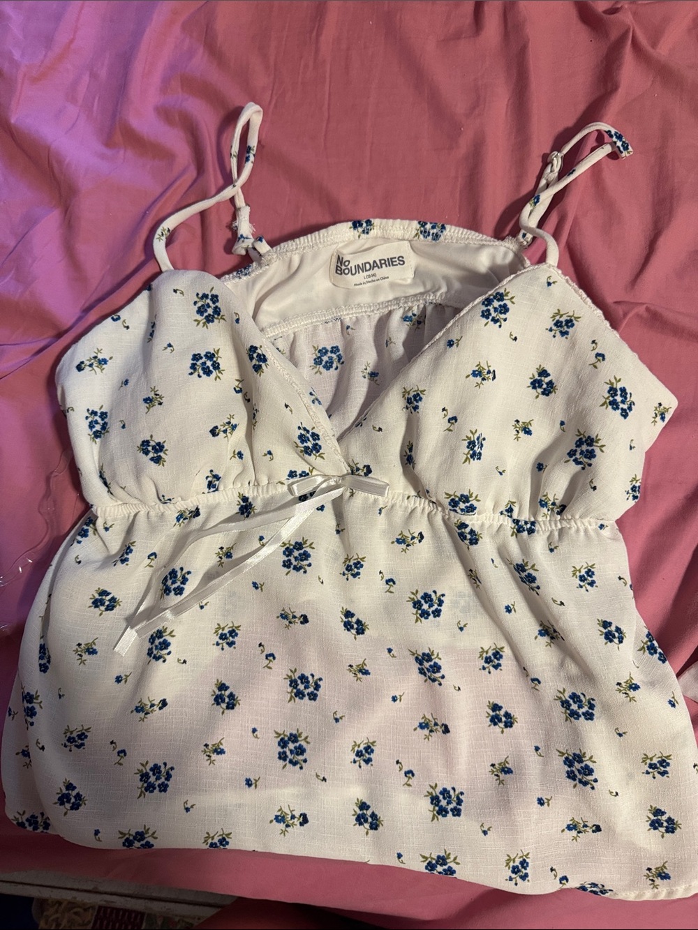 No Boundaries White Cami Top with Blue Floral Print